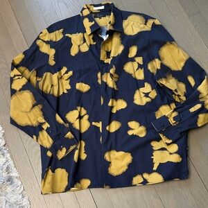 Ted Baker London Navy Blue and Mustard Yellow Floral Casual Button-Down Shirt